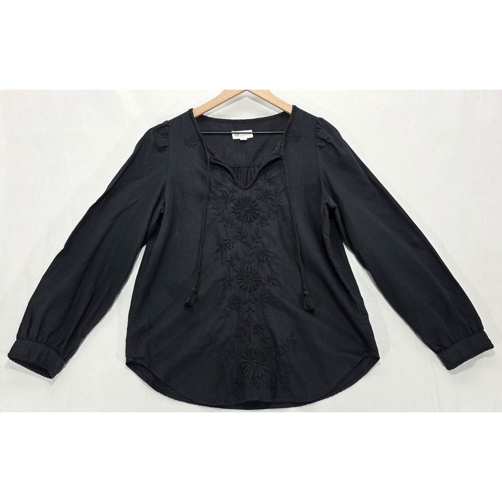 GAP Linen Blend Embroidered Tunic Top Black Floral Boho Coastal Festival